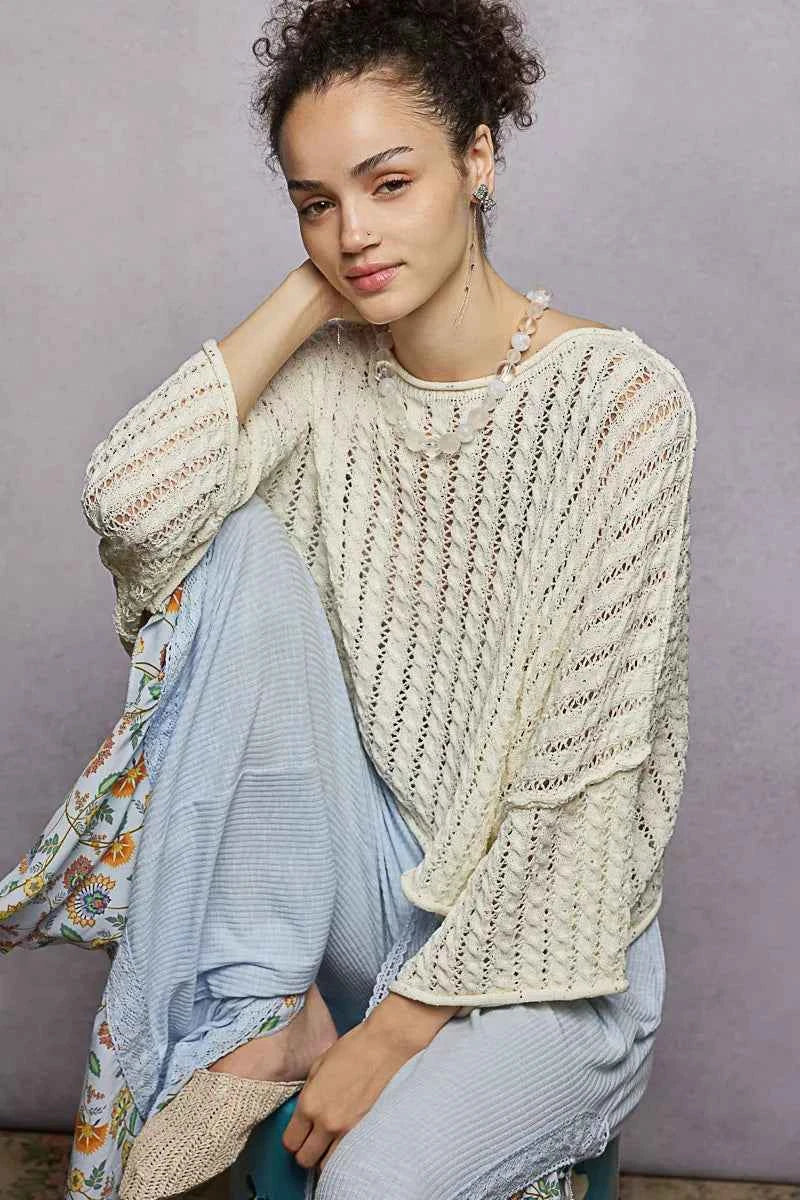 Cable-Knit Openwork Round Neck Cropped Sweater For Women Trendsi