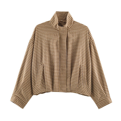 Womens Plaid Aviator Jacket From Europe And America Dark Brown All Products