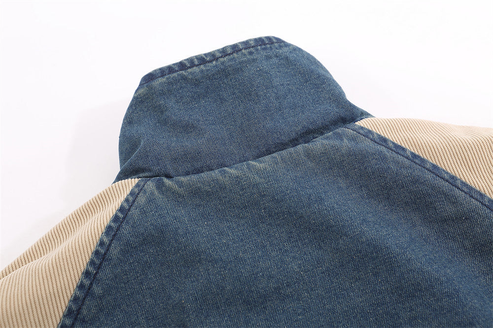Contrast Color Spray Paint Wash Denim Stand-up Collar Cotton-padded Jacket For Men