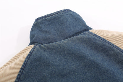 Contrast Color Spray Paint Wash Denim Stand-up Collar Cotton-padded Jacket For Men