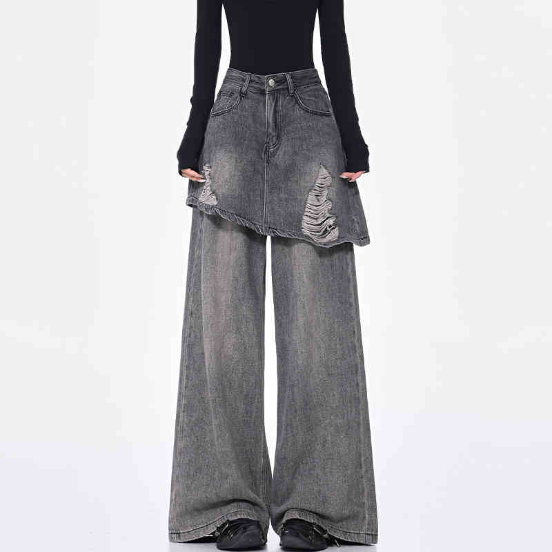 Vintage Blue Washed Fake Two-piece Jeans For Women Ripped Straight Pants Black MuddyStock