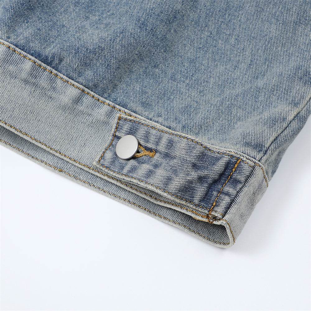 Men's Stitching Embroidered Letters Washed And Worn Zipper Denim Coat For Men And Women MuddyStock