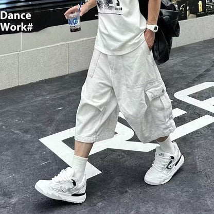 All-matching Loose Straight Cargo Cropped Pants Casual Pants Trendy White MuddyStock