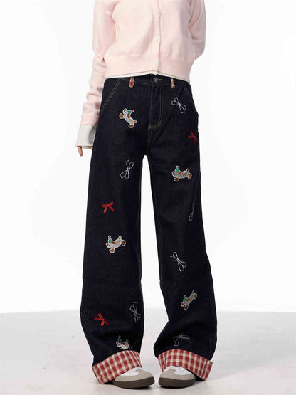 Vintage Bow Puppy Embroidered Wide Leg High Waist Jeans For Women Black MuddyStock