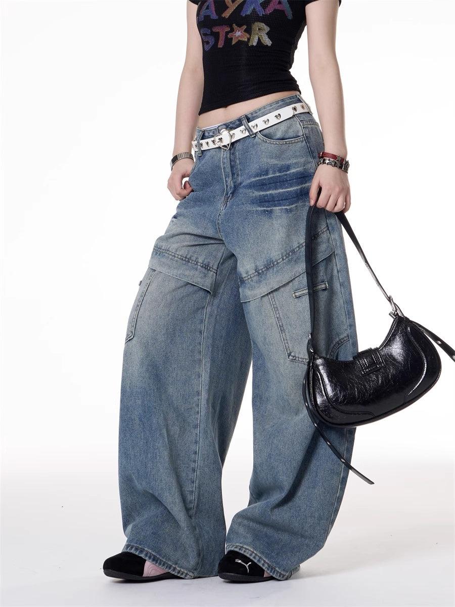 American Retro Multi-pocket Deconstructive Design Jeans For Women null
