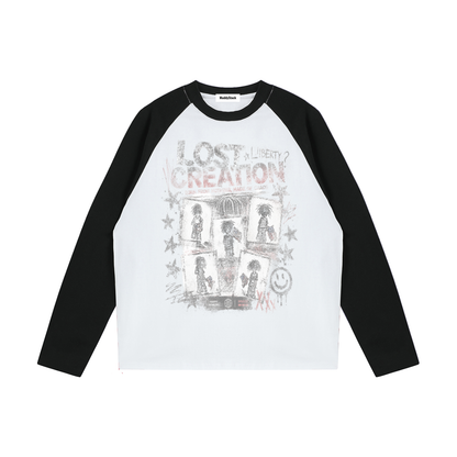 Color-Blocked Raglan Long-Sleeve T-Shirt For Women | MuddyStock Originals White with Black