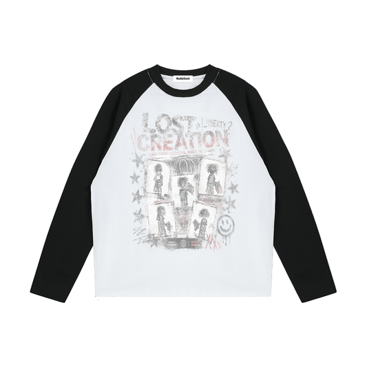 Color-Blocked Raglan Long-Sleeve T-Shirt For Women | MuddyStock Originals White with Black