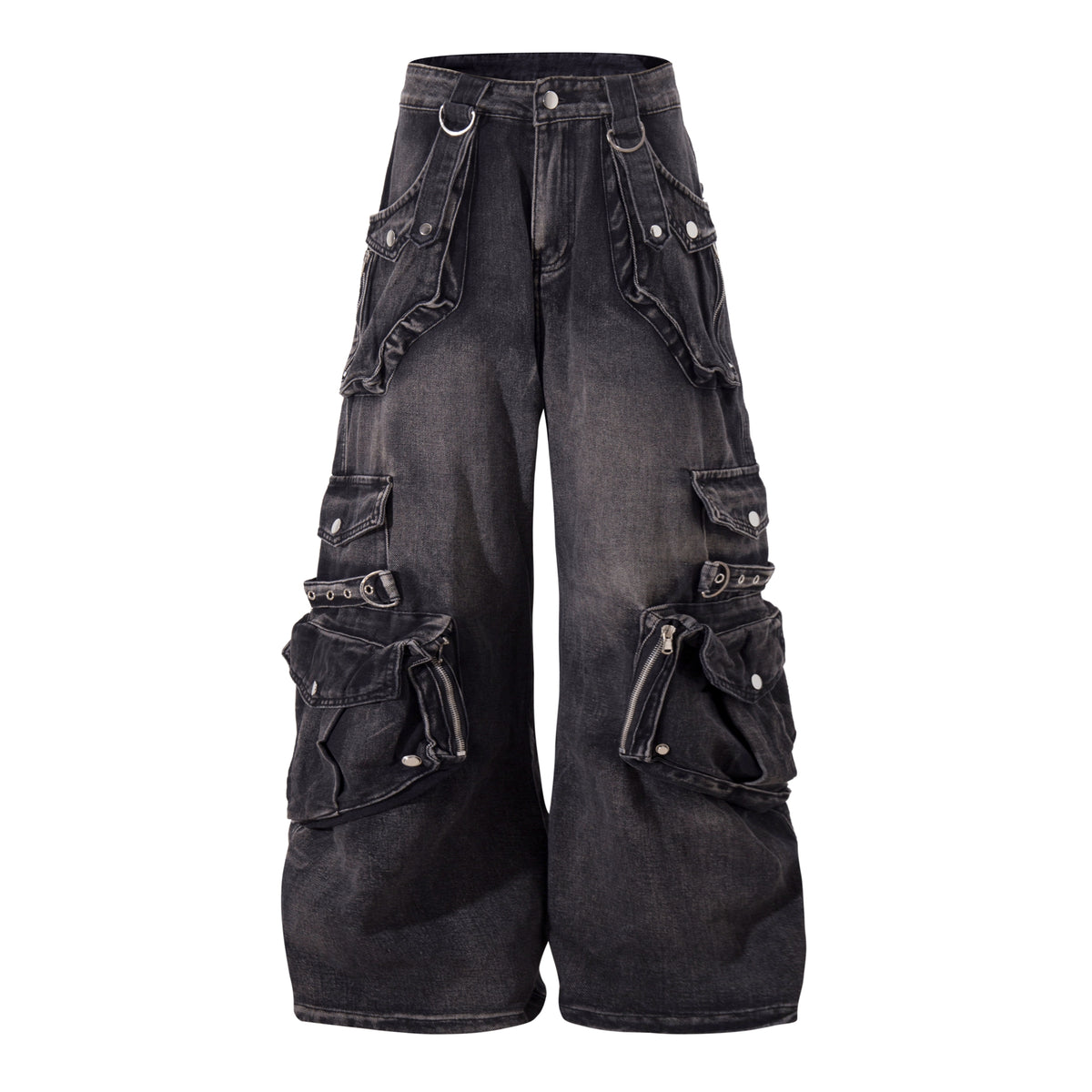 Retro Heavy Industry Multi-pocket Workwear Jeans For Women Black