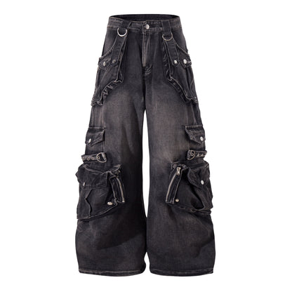 Retro Heavy Industry Multi-pocket Workwear Jeans For Women Black
