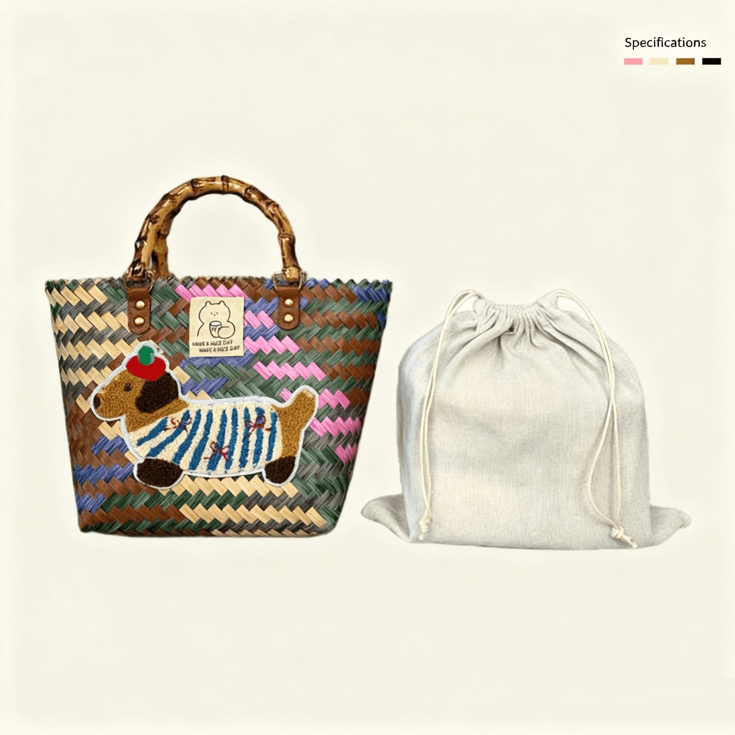 Large capacity sausage dog hand woven cabbage basket bag Bamboo Node - Six-Color Dog (with Lining)