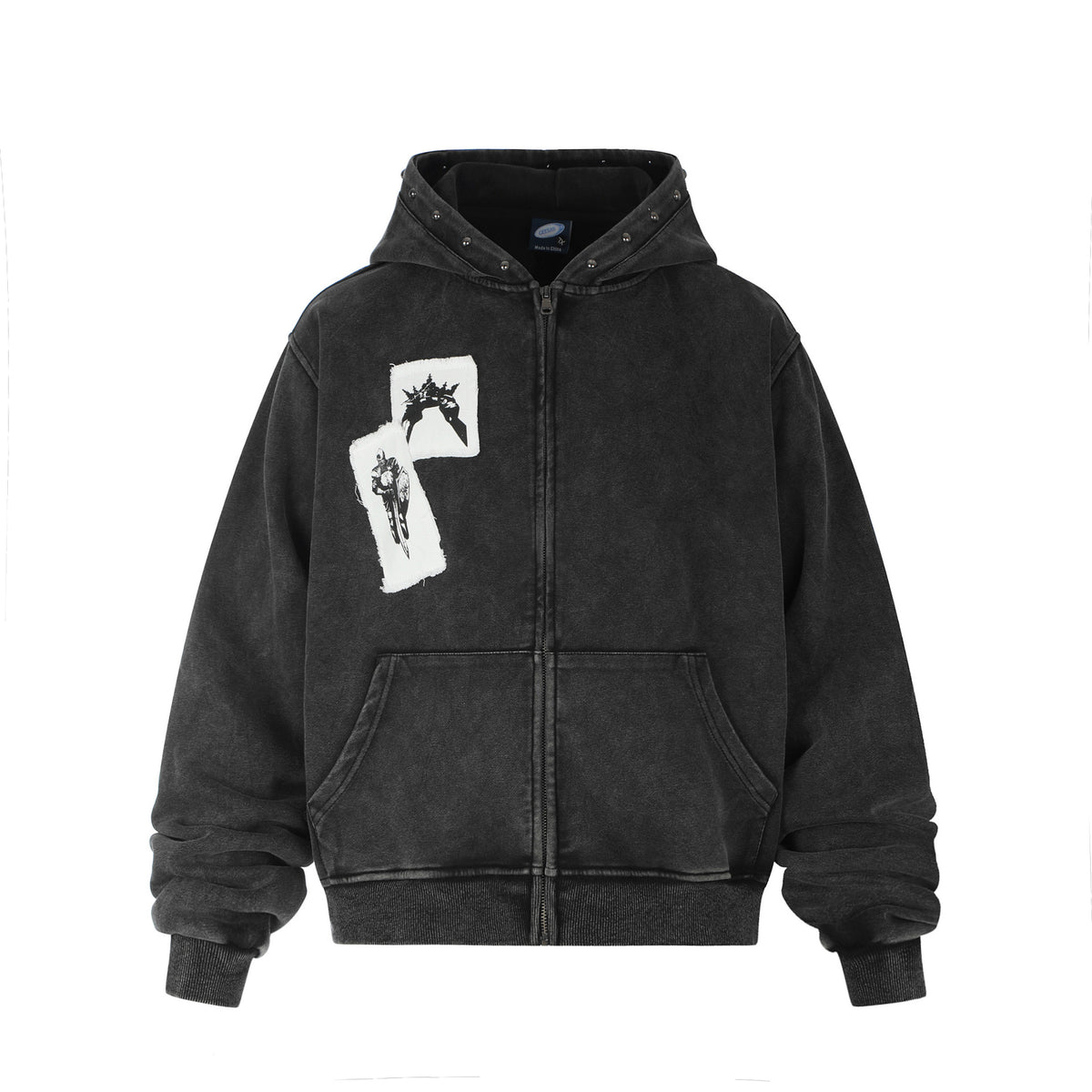 Distressed Washed Studs Patch Zipper Hoodie for Men | MuddyStock Originals Black