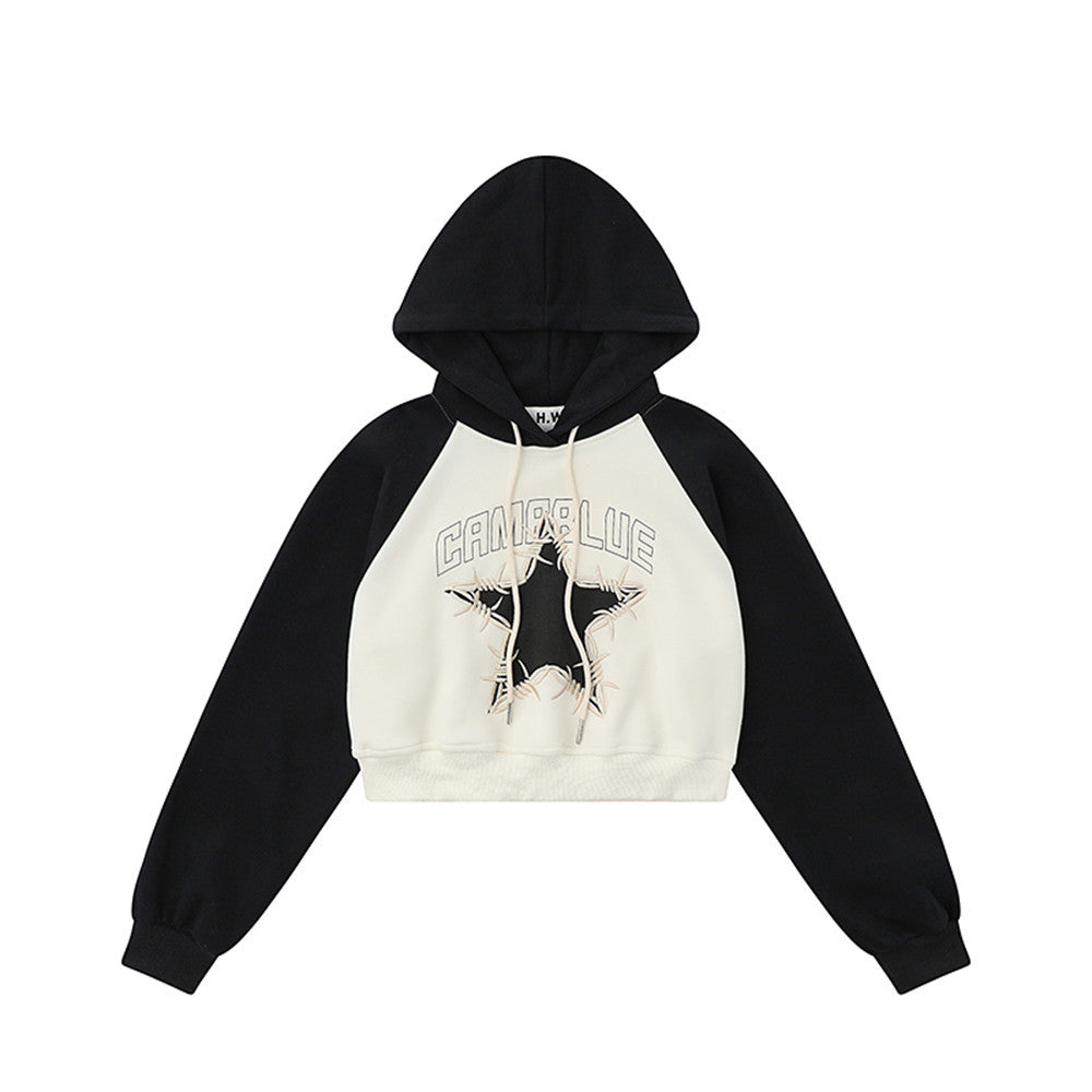 Star Embroidery Cropped Hoodie Loose Color-blocked Raglan Sleeve Pullover Hoodie