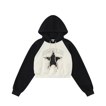 Star Embroidery Cropped Hoodie Loose Color-blocked Raglan Sleeve Pullover Hoodie