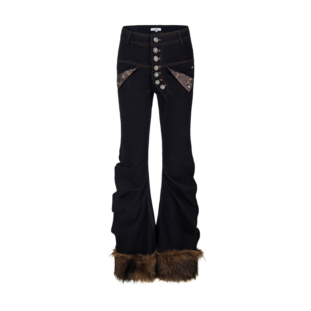 Bent blade pleated splicing slim fit flared jeans for women | MuddyStock Originals Black