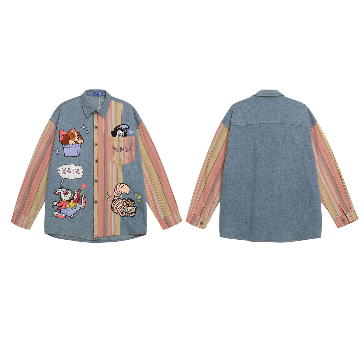 Cartoon Embroidery Long Sleeve Shirt Unisex Splicing Loose Casual Versatile Couple Blouse Jacket