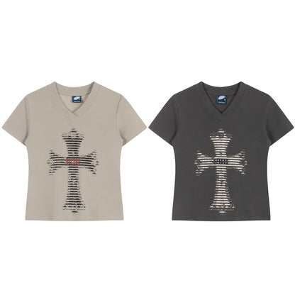 Print V-Neck Short Sleeve T-Shirt, Shoulder Length, Casual Style