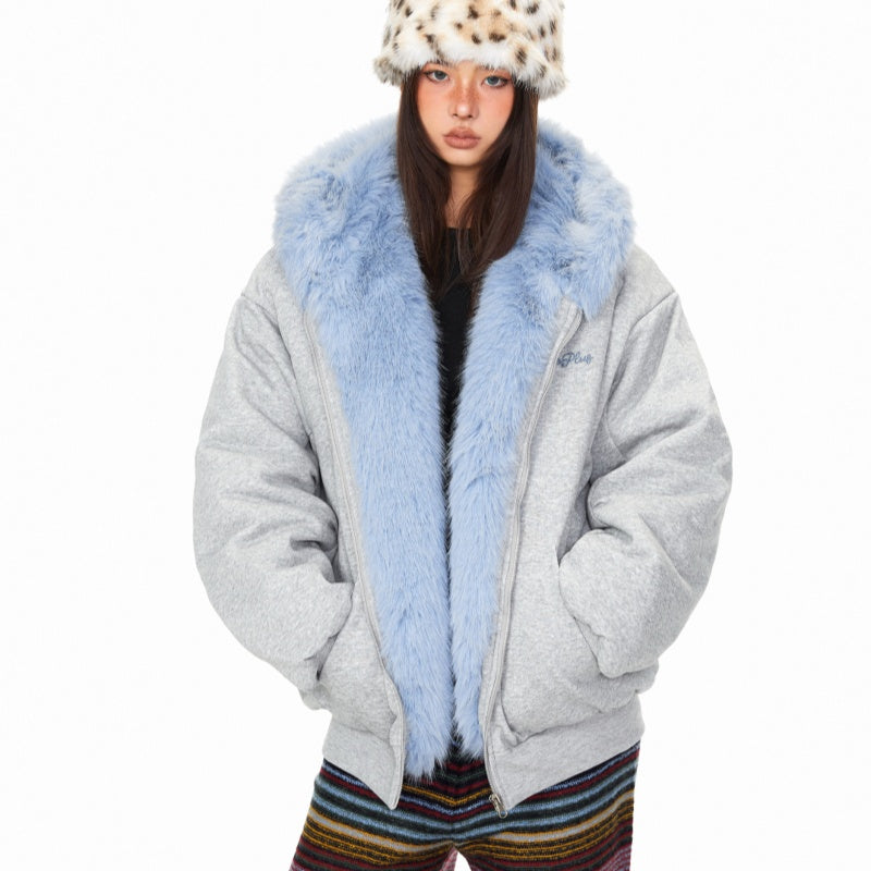 Hooded American High Street Loose Thickened Warm Jacket For Women Heather Gray