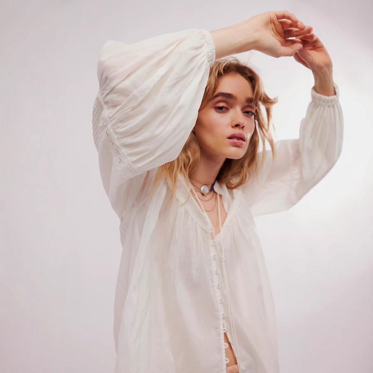 Lace-Trimmed Patchwork Thin Top For Women