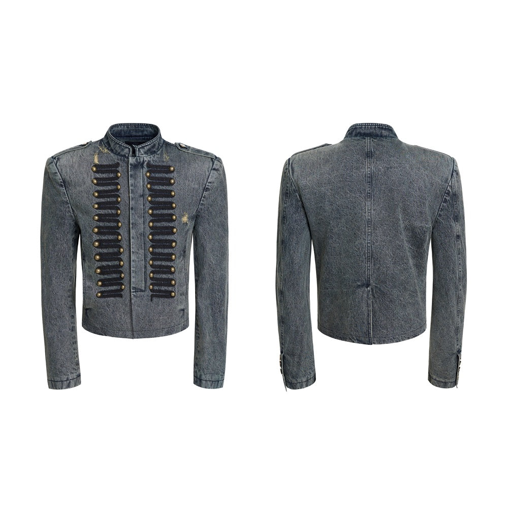 Retro Court-Style Stand-Up Collar Denim Jacket For Men Blue