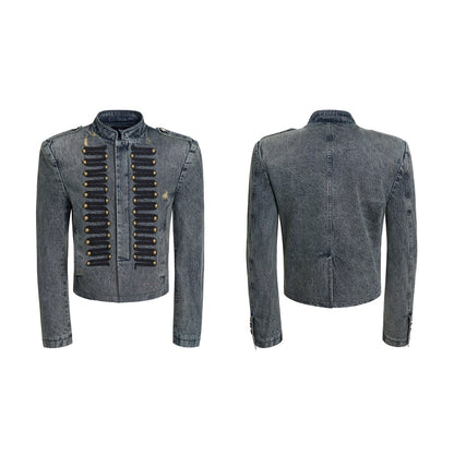 Retro Court-Style Stand-Up Collar Denim Jacket For Men Blue