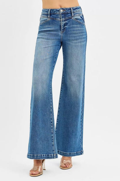 High Rise Wide Leg Jeans with Front Yoke and Heart Back Pocket MEDIUM