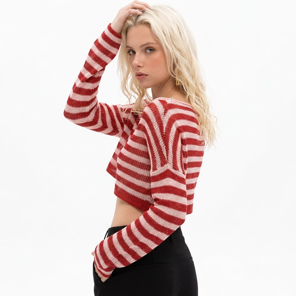 Long sleeved striped short knit top for women | MuddyStock Originals