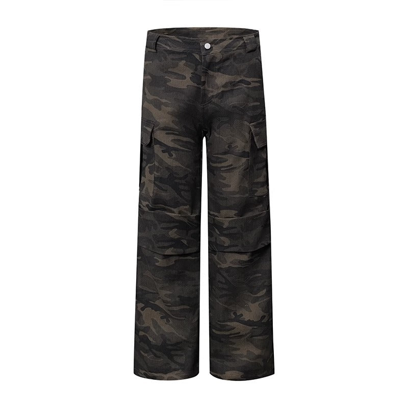 Washed Distressed Camouflage Cargo Jeans Women Vintage Loose Straight Leg Casual Flared Floor-Length Pants