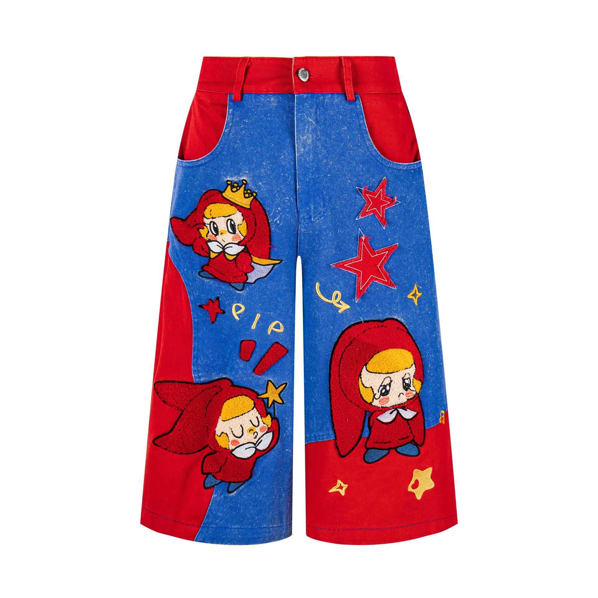 Cartoon Design Wide Leg Cropped Pants | MuddyStock Originals blue