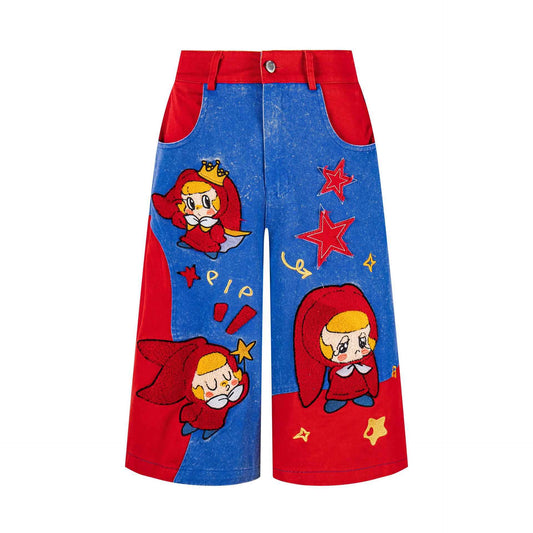 Cartoon Design Wide Leg Cropped Pants | MuddyStock Originals blue