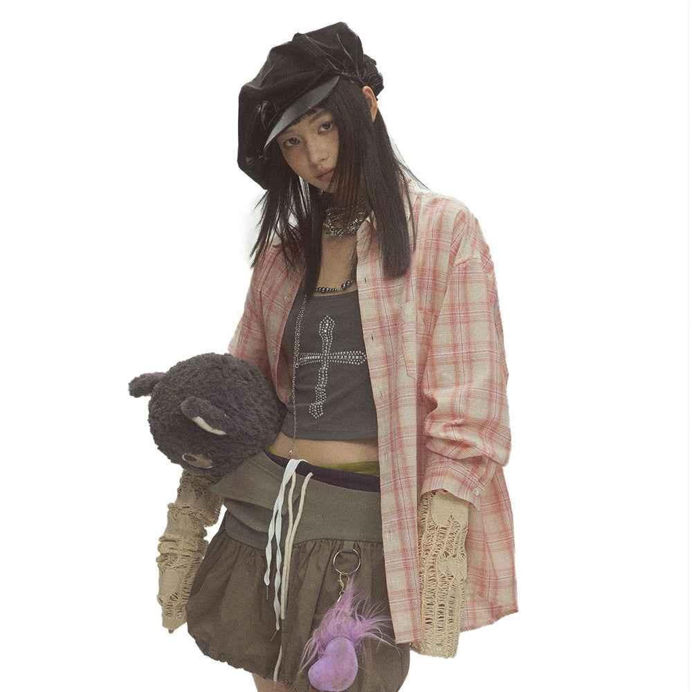 Irregular Pocket Loose Plaid Shirt For Women null