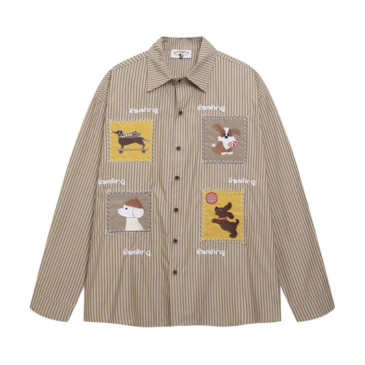 Cartoon Stripe Cute Dog Embroidery Design Casual Loose Unisex Long Sleeve Shirt eprolo