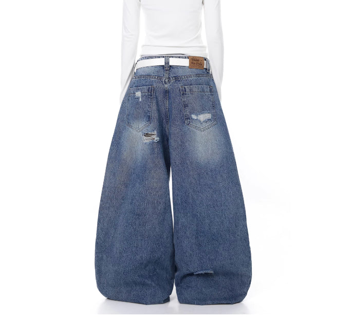 Women's Distressed Patch Washed Curved Blade Jeans Blue L