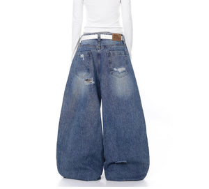 Women's Distressed Patch Washed Curved Blade Jeans Blue L