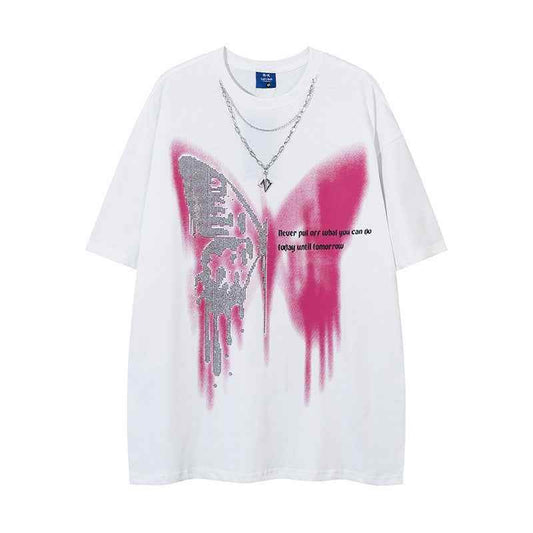 Butterfly Rhinestone Printed Necklace T-shirt For Men And Women MuddyStock