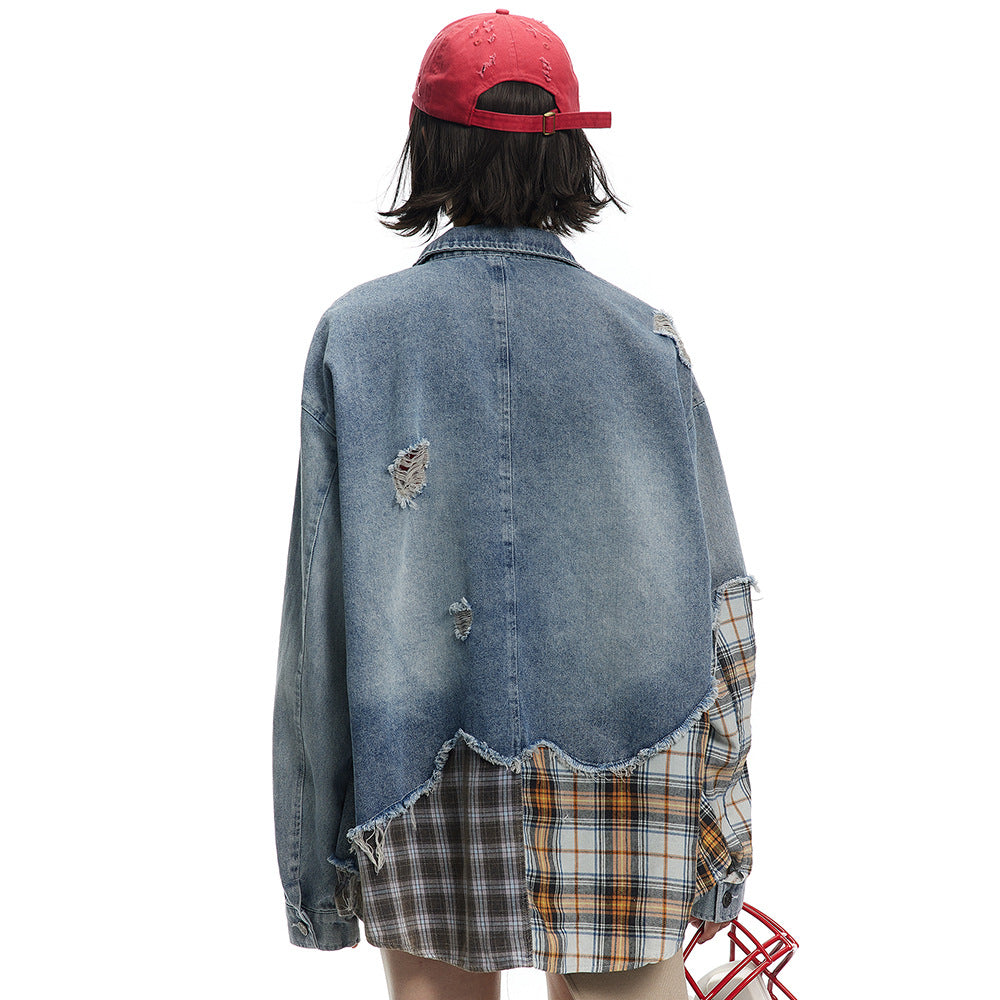 Irregular Stitching Plaid Denim Jacket For Women MuddyStock null