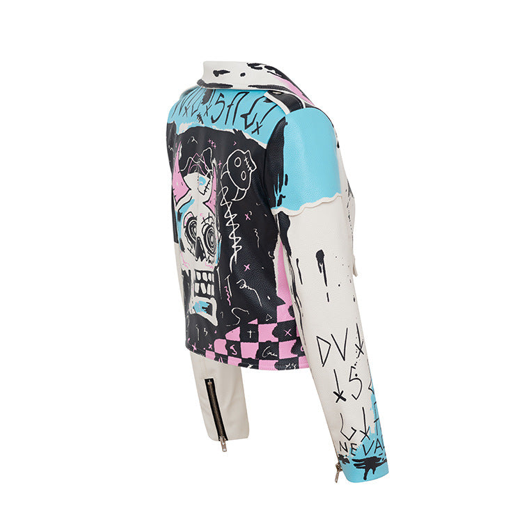 Graffiti Print Rivet Motorcycle Leather Jacket For Women