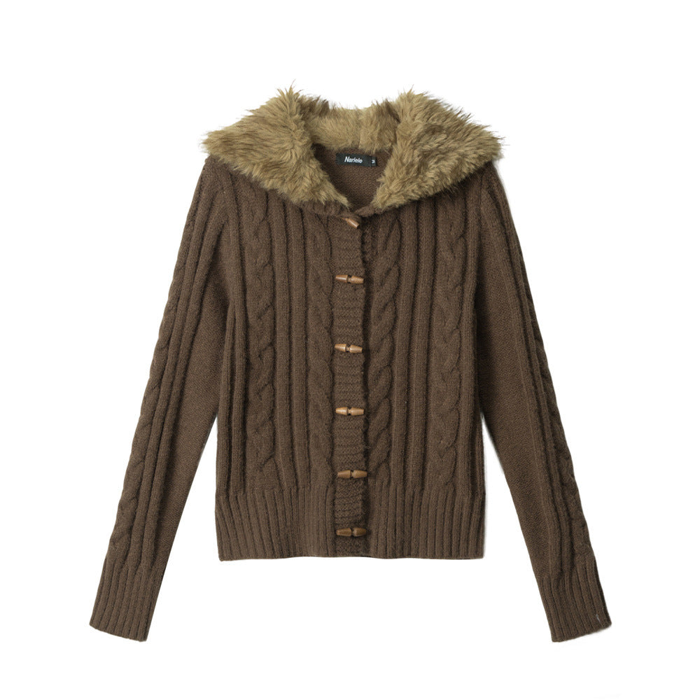 Fitted Slimming Stylish Knit Jacket with Fur Collar For Women | MuddyStock Originals Brown