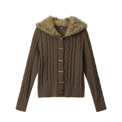 Fitted Slimming Stylish Knit Jacket with Fur Collar For Women | MuddyStock Originals Brown