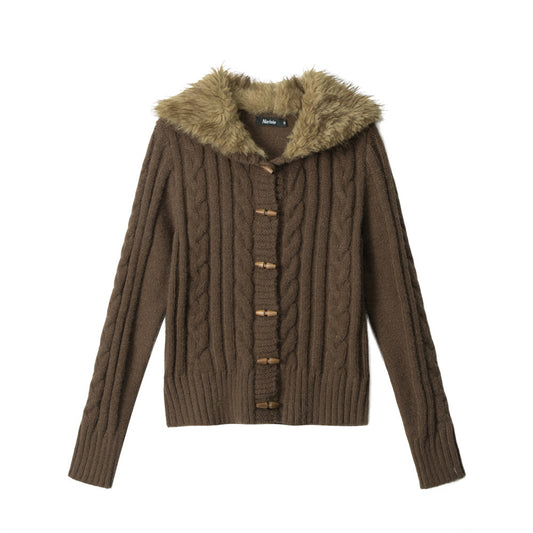 Cable Knit Cardigan Fitted Slimming Stylish Knit Sweater Jacket with Fur Collar Brown