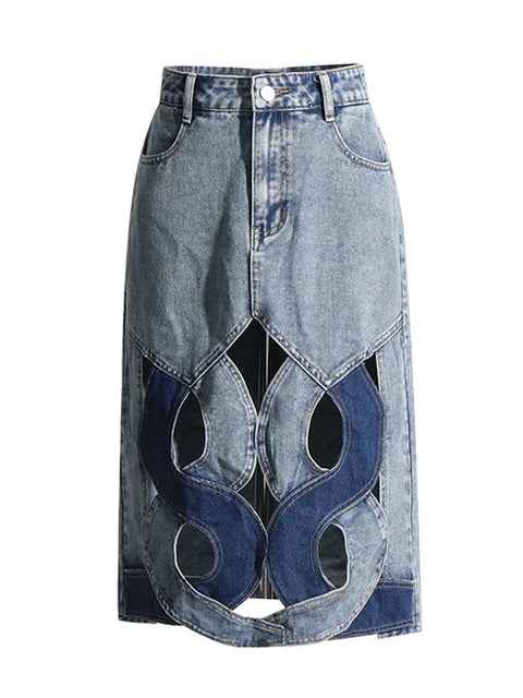 Patchwork Denim Hollow A-line High Waist Button Bottom Skirt | MuddyStock Originals SKY BLUE