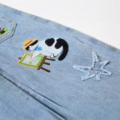 Retro Cartoon Embroidery Denim Pants, Unisex Streetwear Loose Fit Couple Casual Versatile Wide Leg Long Pants