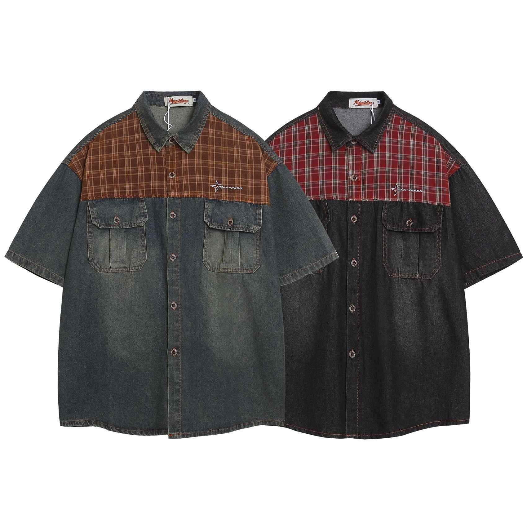 Unique Design Washed Spliced Short Sleeve Denim Shirt For Men And Women | MuddyStock Originals MuddyStock