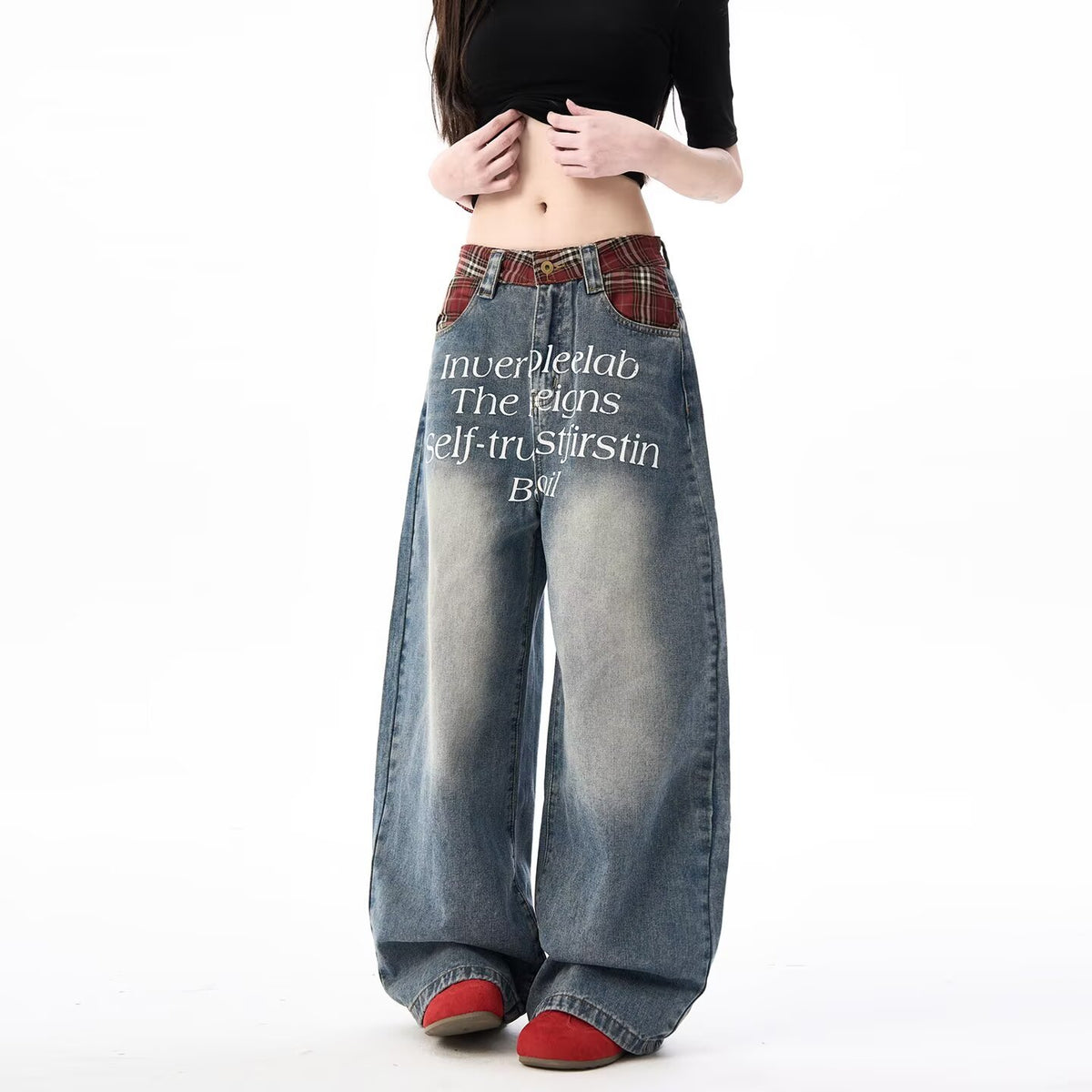 Retro Washed Letter Print Men's Wide-Leg Loose Straight Leg Jeans Blue
