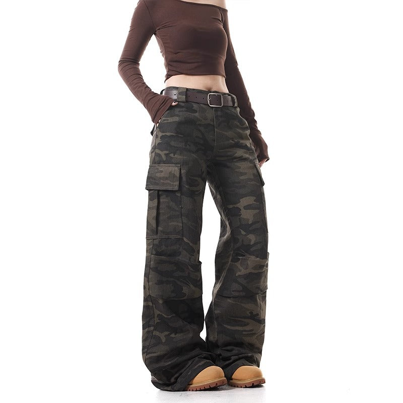 Washed Distressed Camouflage Cargo Jeans Women Vintage Loose Straight Leg Casual Flared Floor-Length Pants