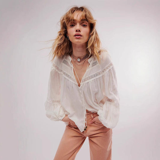 Lace-Trimmed Patchwork Thin Top For Women White