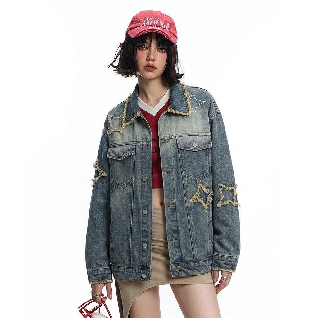 Five-pointed Star Patch Cat Beard Denim Washed Distressed Jacket For Women MuddyStock null