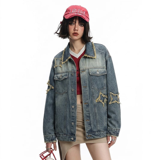 Five-pointed Star Patch Cat Beard Denim Washed Distressed Jacket For Women MuddyStock null