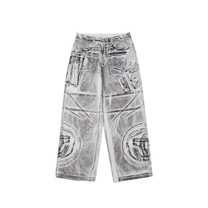 Stitching Brush Color Digital Printing Jeans Loose-fitting Wide-leg Trousers Picture Color MuddyStock