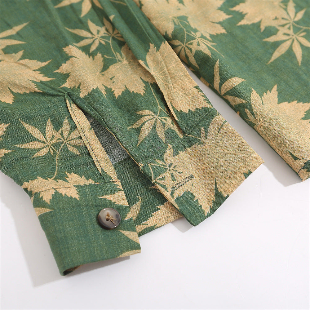 Full Printed Maple Leaf Long Sleeve Shirt Men Spring And Autumn Japanese Style