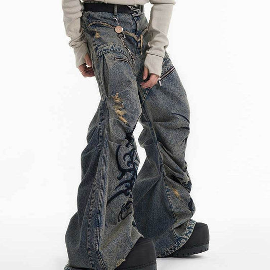 Retro Washed Distressed Zipper Embroidered Pleated Mopping Jeans MuddyStock